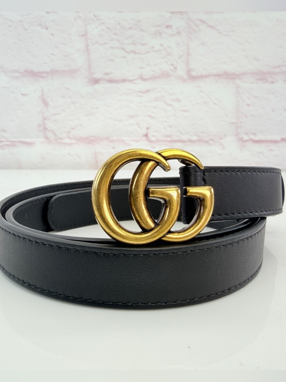 Gucci Gg Marmont Slim Black Leather Double G Belt Gold Buckle 409417 85/34